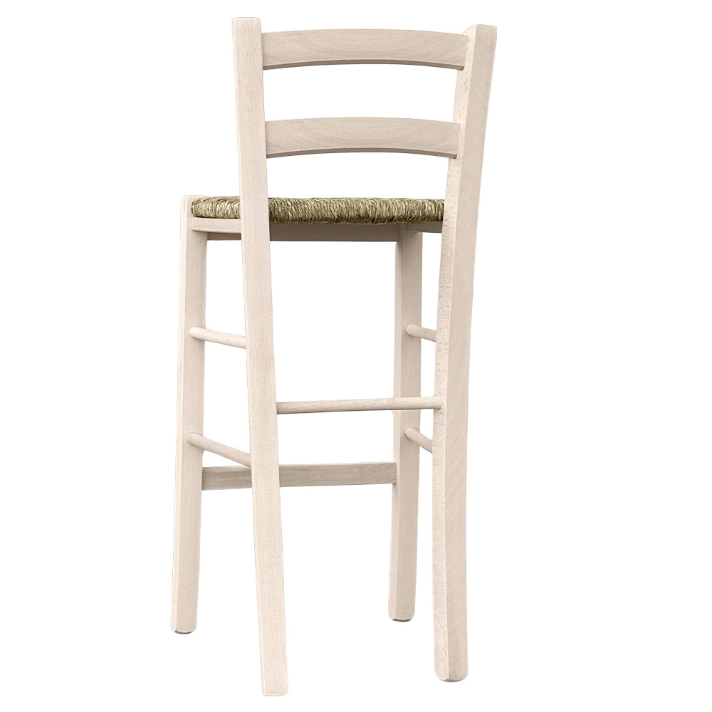 Sgabello snack legno grezzo con schienale da verniciare in paglia h 67