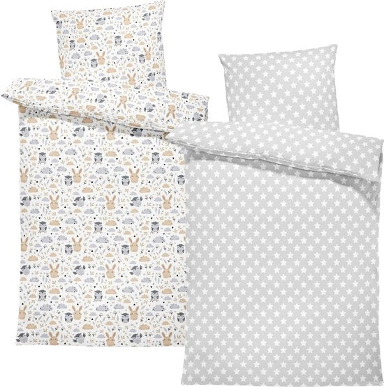 Set di copriletro del letto per bambini 100x135 cm, 2 pezzi - set di biancheria da letto per bambini con cuscino coprente 60x40 cm di cotone, grigio con stelle e uccelli bianchi