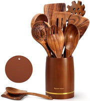 Set di 12 cucchiai in legno per cucina con 9 cucchiai in legno di teca, cucchiaio a tenone, coperchio per padella, 8,5 cm cassetto per posate, per decorazione della cucina e regalo di benvenuto