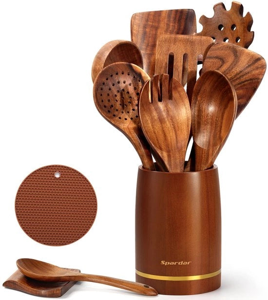 Set di 12 cucchiai in legno per cucina con 9 cucchiai in legno di teca, cucchiaio a tenone, coperchio per padella, 8,5 cm cassetto per posate, per decorazione della cucina e regalo di benvenuto
