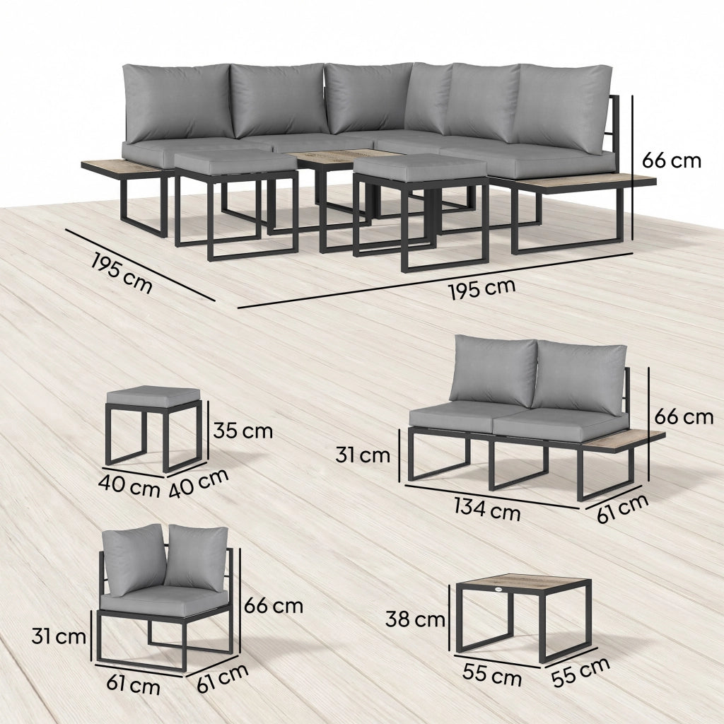 Set da giardino 6 posti con tavolo e divano modulabile ¨C zephmum ¨C cuscini grigi 10cm, legno