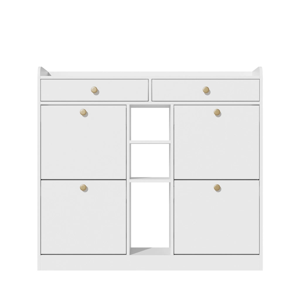 Mobile Scarpiera con 4 Ante a Ribalta; 2 Cassetti e 3 Vani Aperti; in Pannelli di Particelle; 110×26×100 cm; Bianco