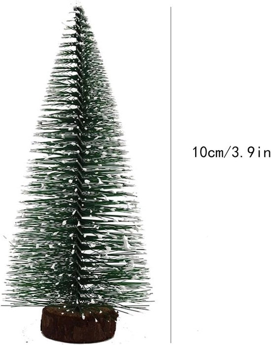 Pacco di 10 Alberi di Natale Miniature a Verde con Base in Legno Alberi di Natale in Sisal con Effetto Neve per Decorazione di Tavolo Natale Fai da Te
