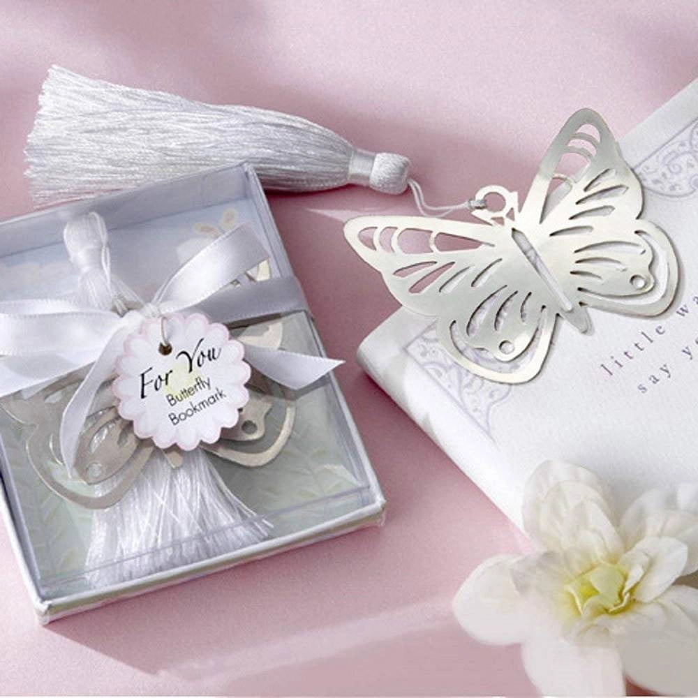 Trade Shop - Segnalibro Farfalla Con Nappa Bianca Scatola Segnaposto Metallo Bomboniera Wedding -