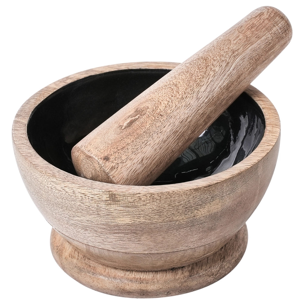 Set di mortaio e pestello in legno di mango fatto a mano marrone e nero soggiorno cucina