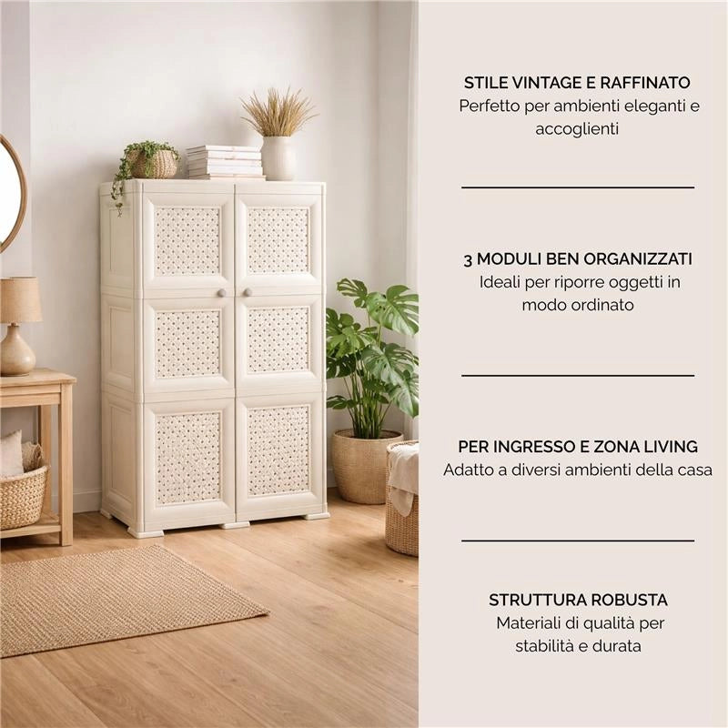 ARMADIO 3 MODULI ANGORA 79X43X125 CM CON ANTA TRAFORATA – CONTENITORE VERTICALE SALVASPAZIO PER ZONA GIORNO