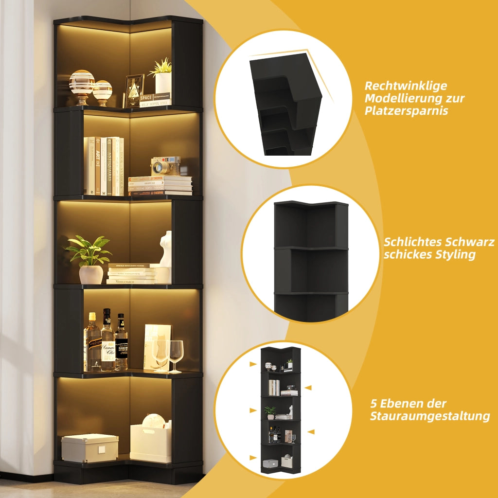 Libreria angolare con LED controllabile via app, 5 ripiani, per studio e ufficio, in MDF, nero, 63,5 × 45 × 175 cm
