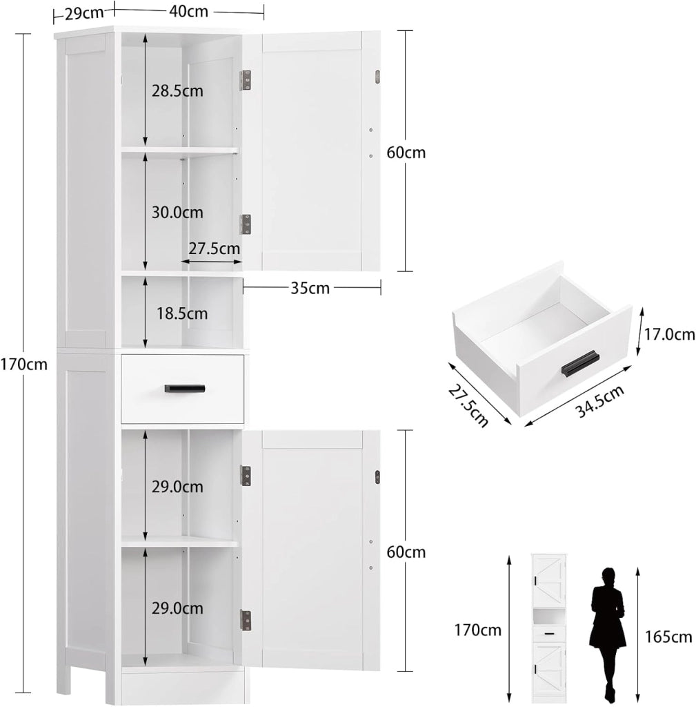 Mobiletto Bagno Salvaspazio con Ante Regolabili, Mobile Bagno Alto con 2 Ante e 1 Cassetto, Colonna Bagno con Ripiani Regolabili, Mobiletto compatto da terra, Bianco 40x30x170cm