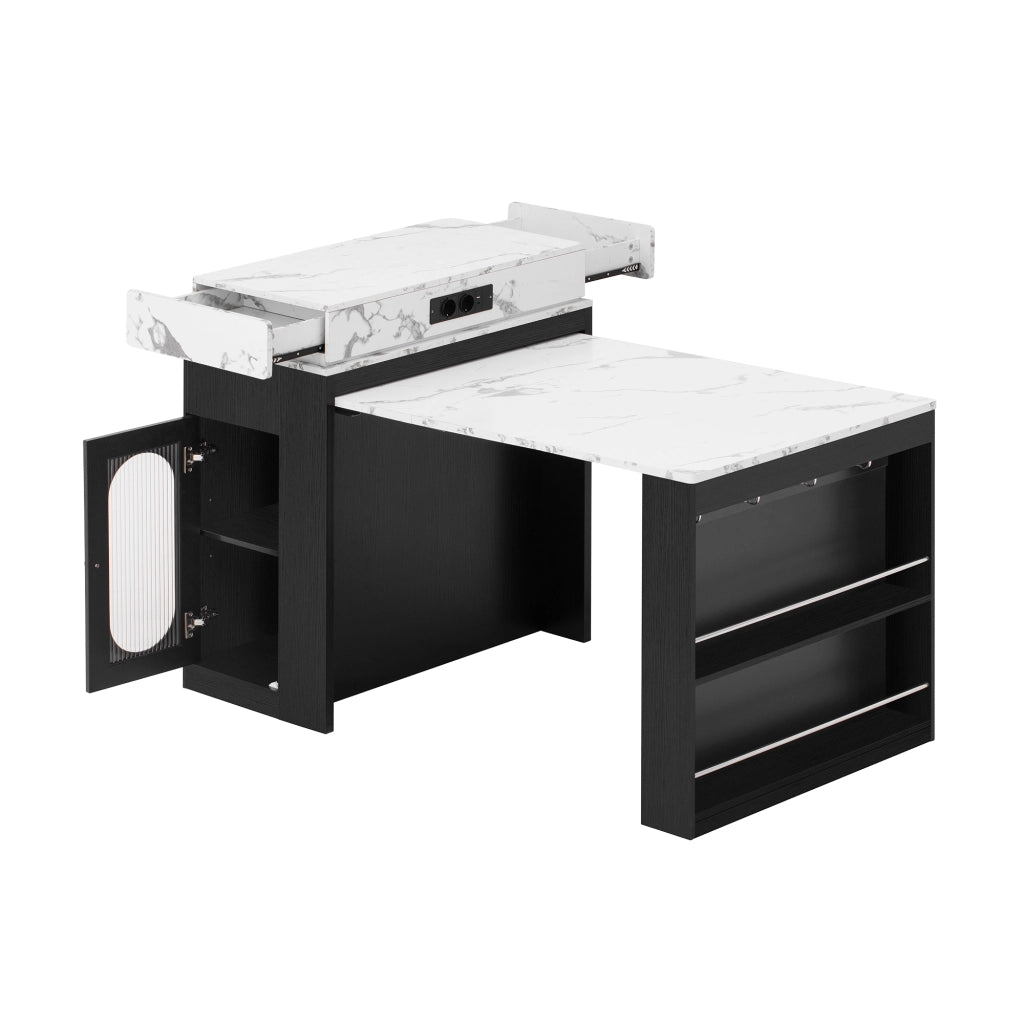 Isola da Cucina con 1 Cassetto; 1 Anta in Vetro; Piano Ribaltabile e Prese; in MDF e Vetro; Nero