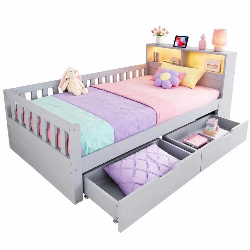 Letto singolo multifunzione 90x200 cm in legno grigio con cassetti; LED e prese USB