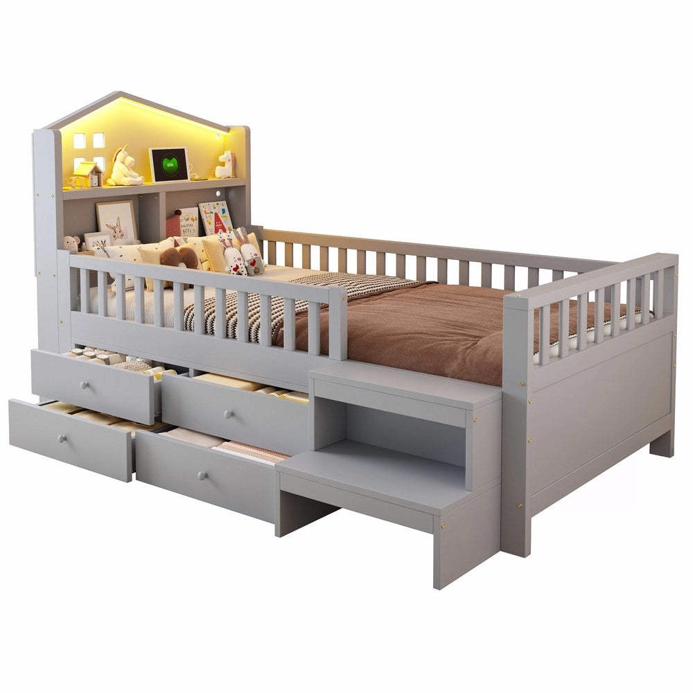 Letto Singolo con LED, USB, Cassetti e Rete a Doghe ¨C MINIMAL ¨C Massello Grigio 90x200
