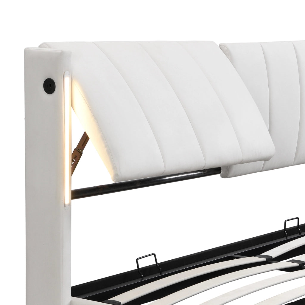Letto matrimoniale 180x200 cm in PU bianco con LED; USB; contenitore e testiera reclinabile