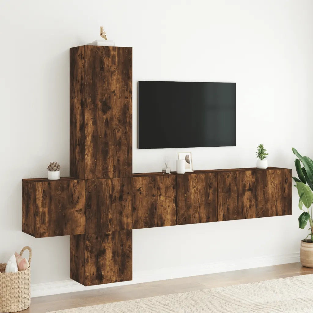 Mobili TV a Muro 5pz-Set di 5 Credenza per TV sospesa Rovere Fumo in Legno Multistrato 652185