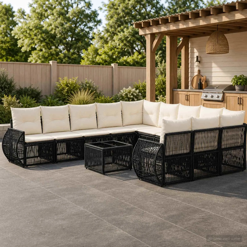 Set Divano da Giardino 12 pz Nero e Bianco Crema polyrattan 3435559