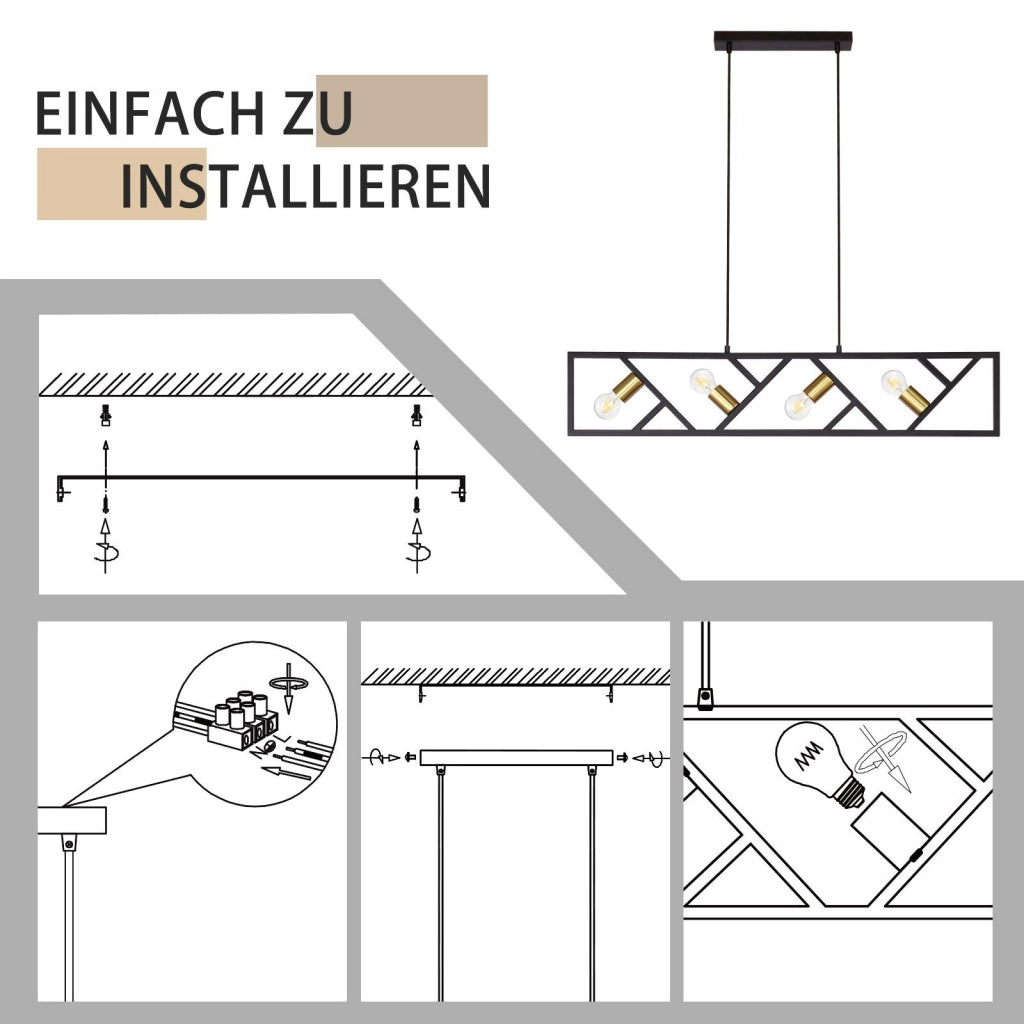 Lampada a sospensione ZMH retr¨° in metallo E27 a quattro fiamme color oro nero con un diametro di 100 centimetri