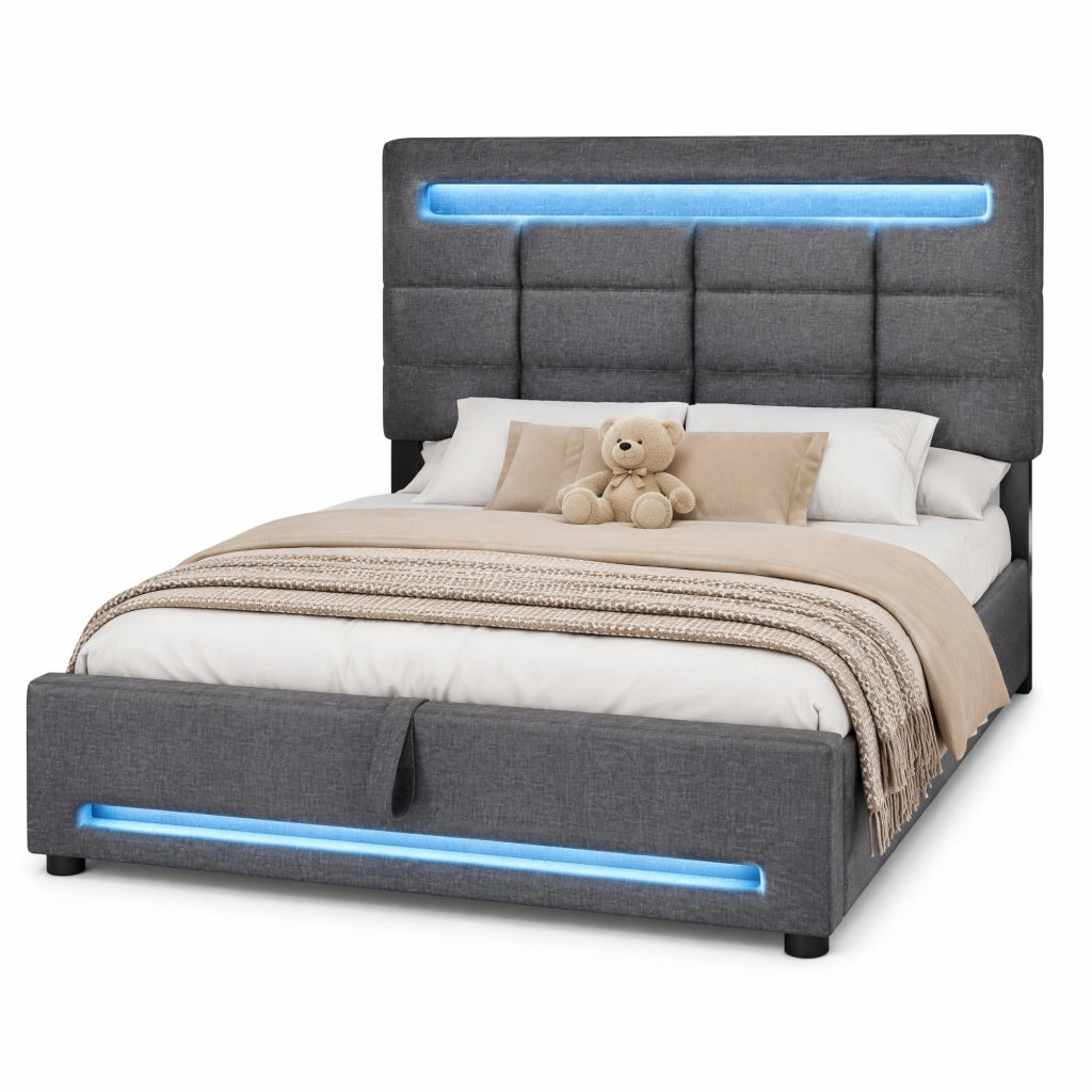 Letto imbottito 90x200 cm in lino grigio con LED APP, USB e contenitore idraulico