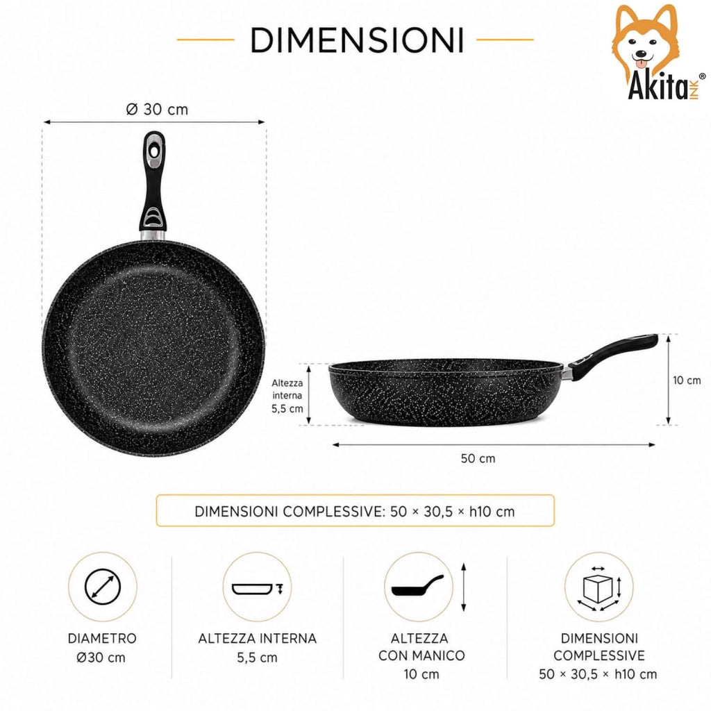 Akitaink Padella 30 cm Antiaderente Effetto Granito Induzione