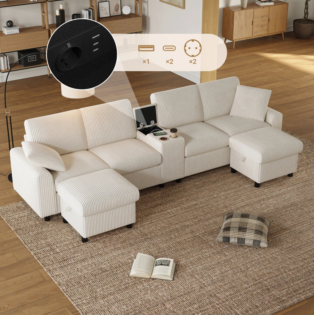 Divano a U in velluto a coste beige con ricarica e 2 pouf