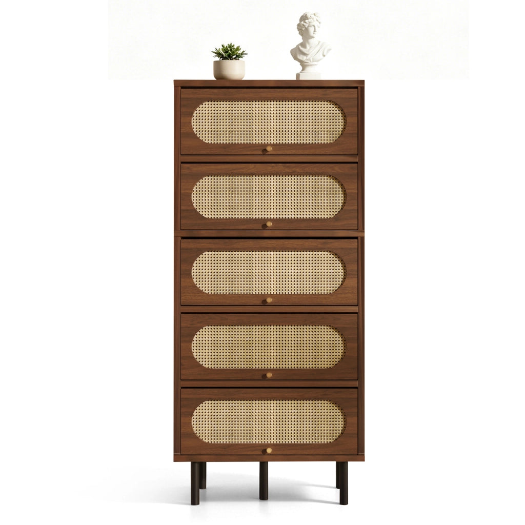 Credenza alta in finitura noce con ante a ribalta, struttura in MDF, truciolato e metallo, 80 x 40 x 163 cm