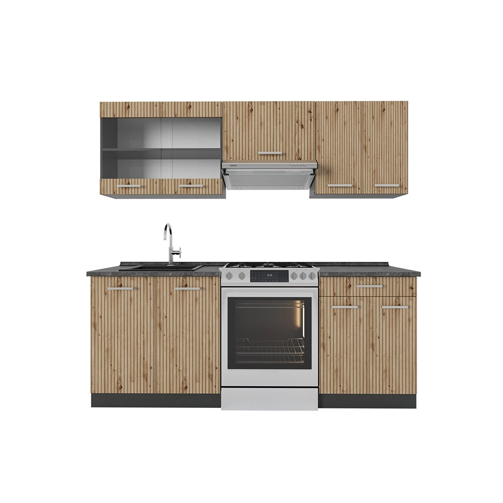 Cucina componibile R-Line Rovere artigianale/Antracite 200 cm senza piano di lavoro Vicco