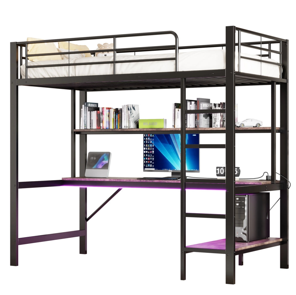 Letto a soppalco 90x200 cm con scrivania; mensole; USB e presa; metallo e MDF nero