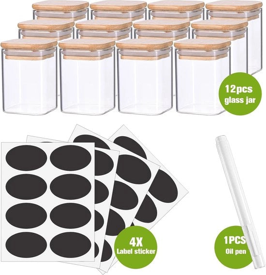 Set di vasetti in vetro da 12 - Quadrato - Copertura in bambù - Vaschette di riserva - Vasetti per erbe - 175 ml - Inclusi etichette adesive - Penna a grafite Vasetti per erbe quadrati