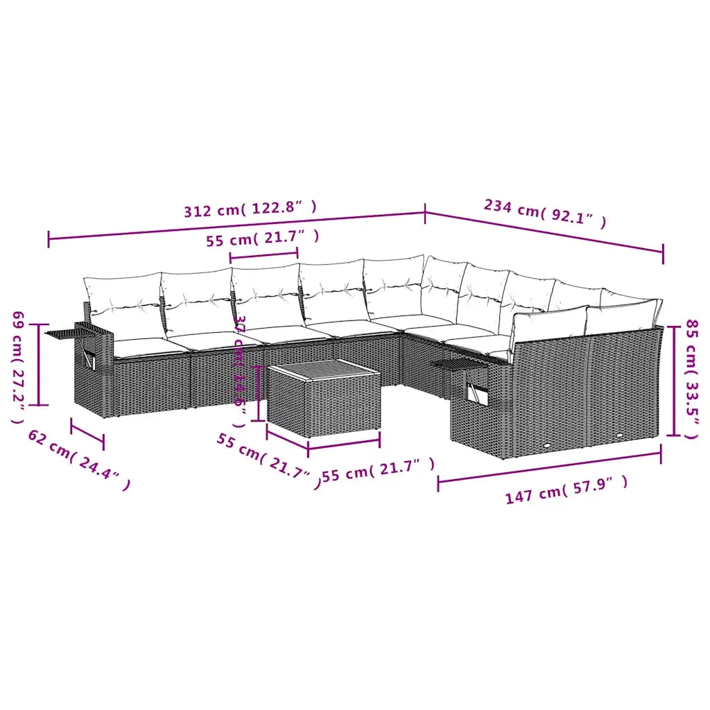 Set Divani da Giardino 11 pz con Cuscini Nero in Polyrattan 3224755