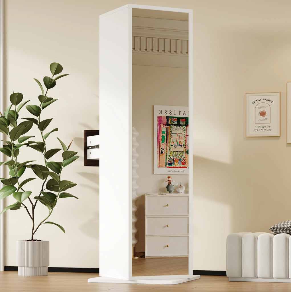 Mobile girevole ULEVR 45x45x168 cm con specchio a figura intera, 4 vani aperti e cassetto, bianco