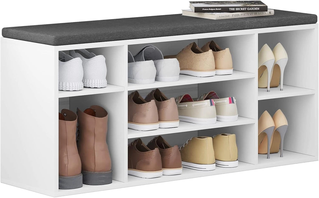Panca Scarpiera da Ingresso, Scaffale Porta Scarpe a 7 Scomparti con Seduta Imbottita, Mobile da Ingresso Salvaspazio in Legno, Bianco e Grigio, 103,5x30x48 cm