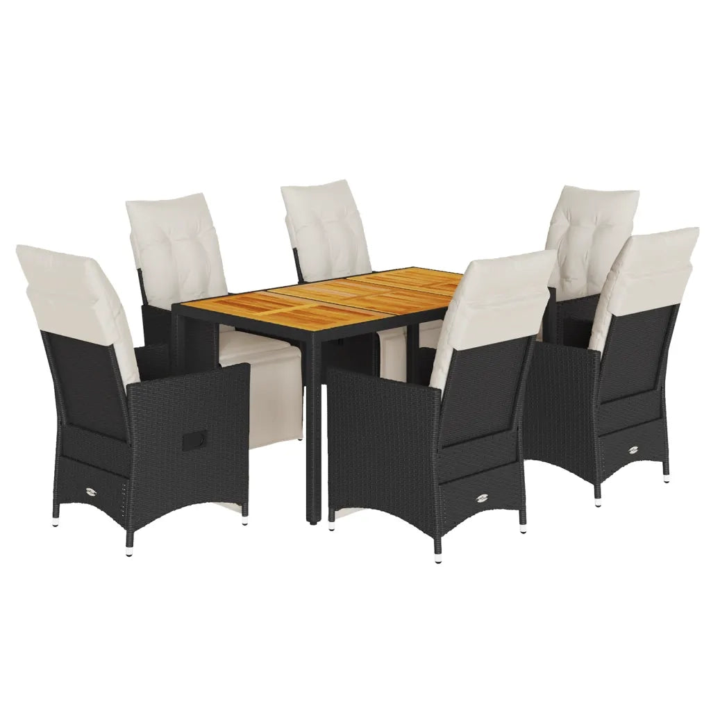 Set da Pranzo da Giardino 7 pz Nero con Cuscini in Polyrattan