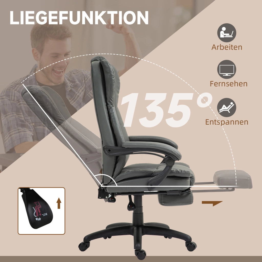 Sedia ufficio girevole con massaggio, schienale reclinabile e poggiapiedi in pelle sintetica grigio scuro 68,5 × 68,5 × 113-121 cm
