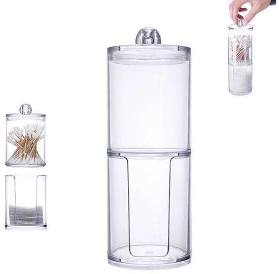 Organizzatore trasparente con coperchio per prodotti per la cura della pelle con dispenser per pannolane e elastici per capelli.
