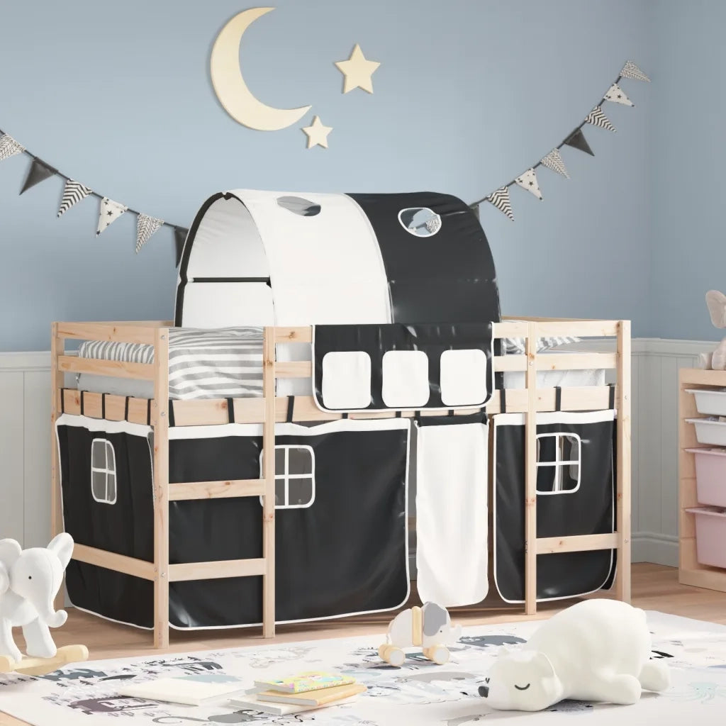 Letto a Soppalco con Tunnel Bambini | Letto Infantile | Lettino Bianco e Nero 90x190cm Pino