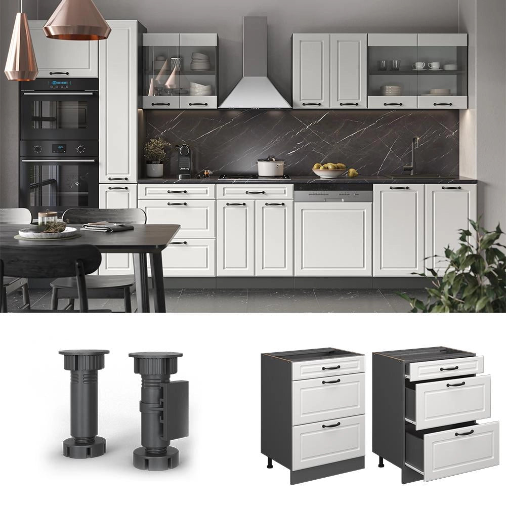 Mobiletto base per cucina R-Line Bianco rustico/Antracite 60 cm con cassetti, senza piano di lavoro Vicco