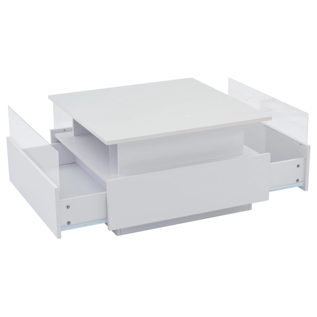 Tavolino da salotto moderno bianco 70x70x41 cm con LED; 2 cassetti e vano trasparente