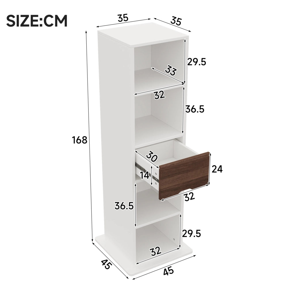 Mobile girevole ULEVR 45x45x168 cm con specchio a figura intera, 4 vani aperti e cassetto, bianco