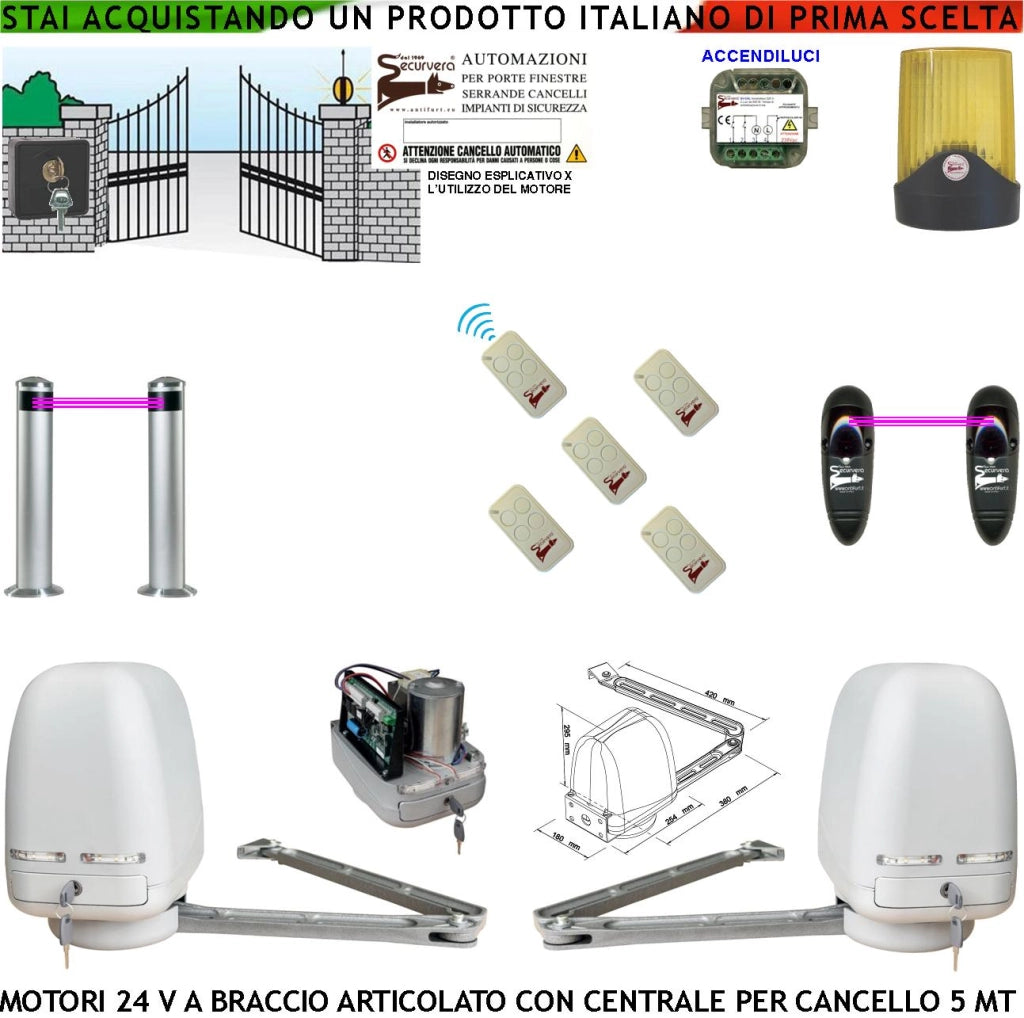Automatismo Cancello Kit Motori Braccio Articolato 24 V 2 Ante da 1 a 2,5 MT Centrale 220/24 V 5 Radiocomandi Selettore Faro 2 Fotocellule 2 Paline Accendiluci