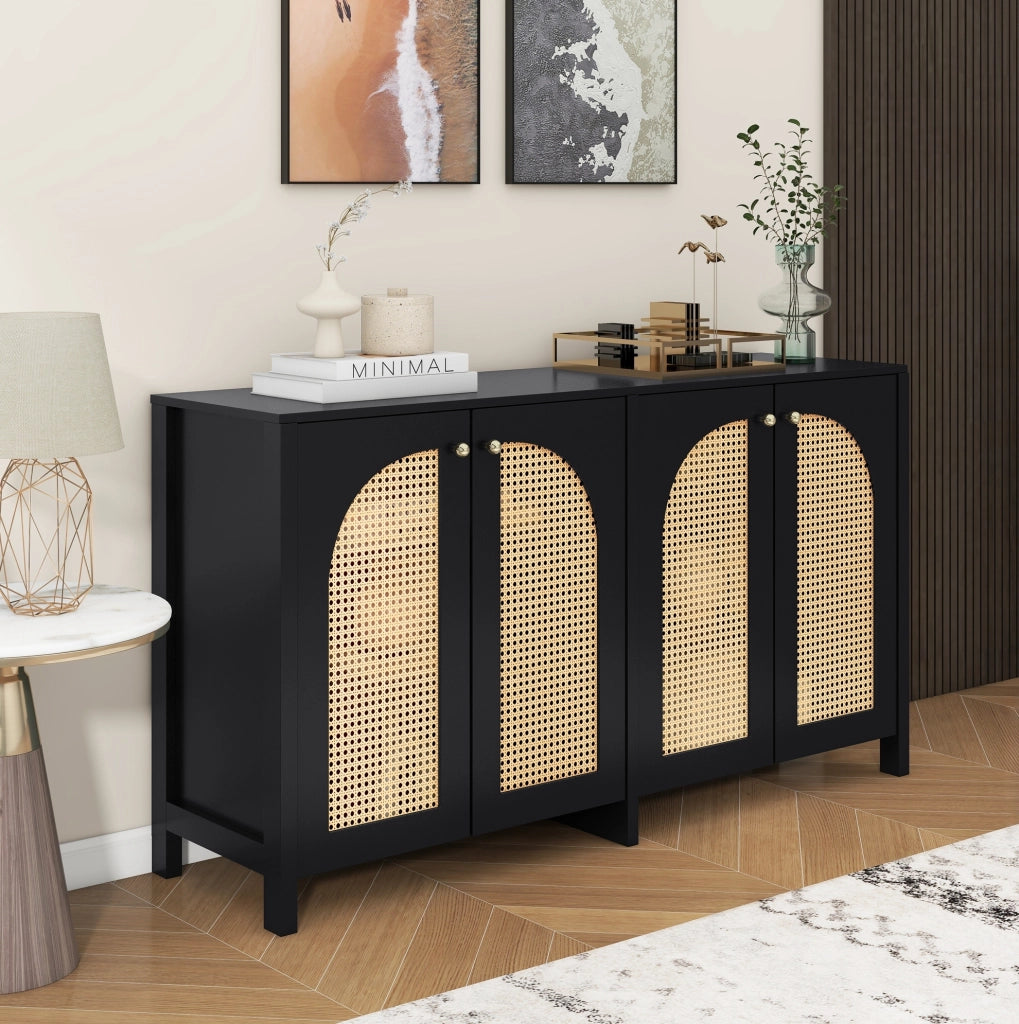 Credenza a 4 ante in MDF e rattan PE; nera