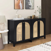Credenza a 4 ante in MDF e rattan PE; nera