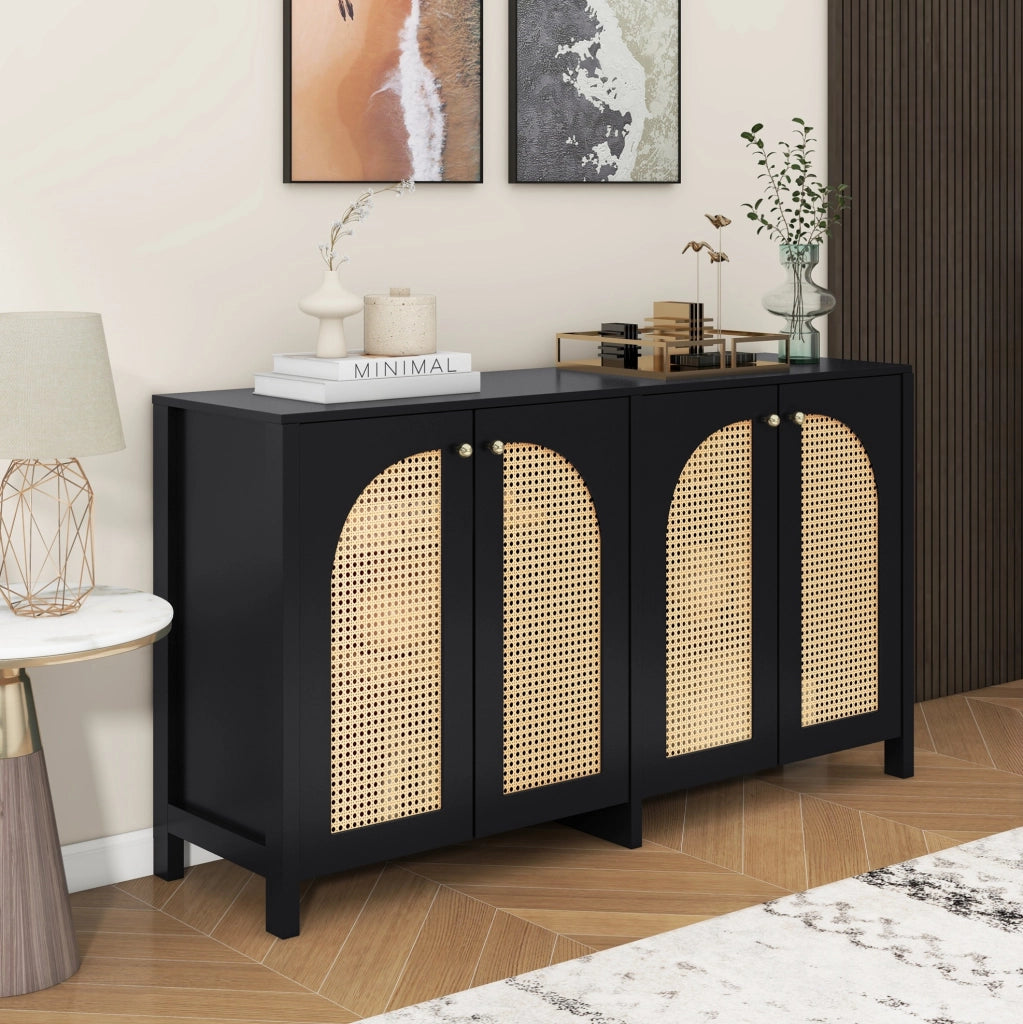 Credenza a 4 ante in MDF e rattan PE; nera
