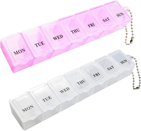 Organizzatore di pastiglie portatile 2-in-1 per 7 giorni in rosa e bianco