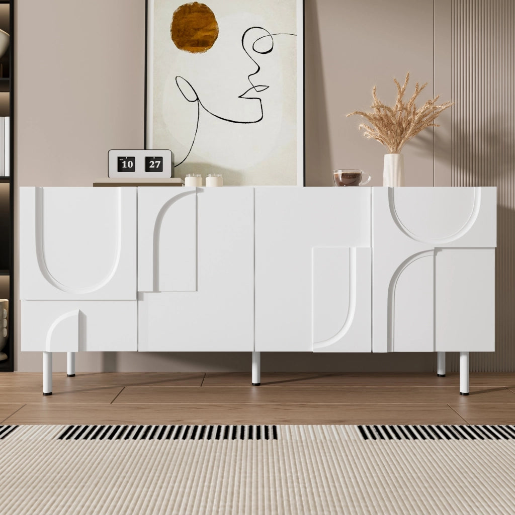 Credenza con 4 Ante e Piedini in Metallo; Design Geometrico Moderno con Curve Irregolari; in MDF e Pannello Truciolare; Bianca