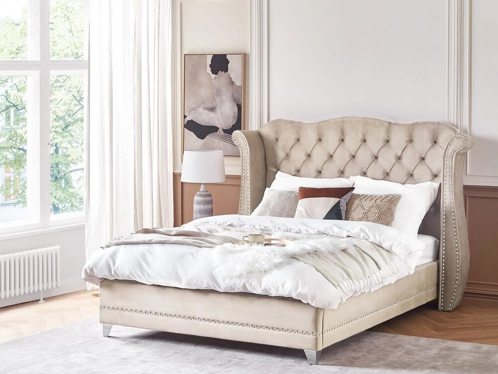Letto in velluto color beige 160 x 200 cm testiera alta decorata con bottoncini stile retrò e tradizionale