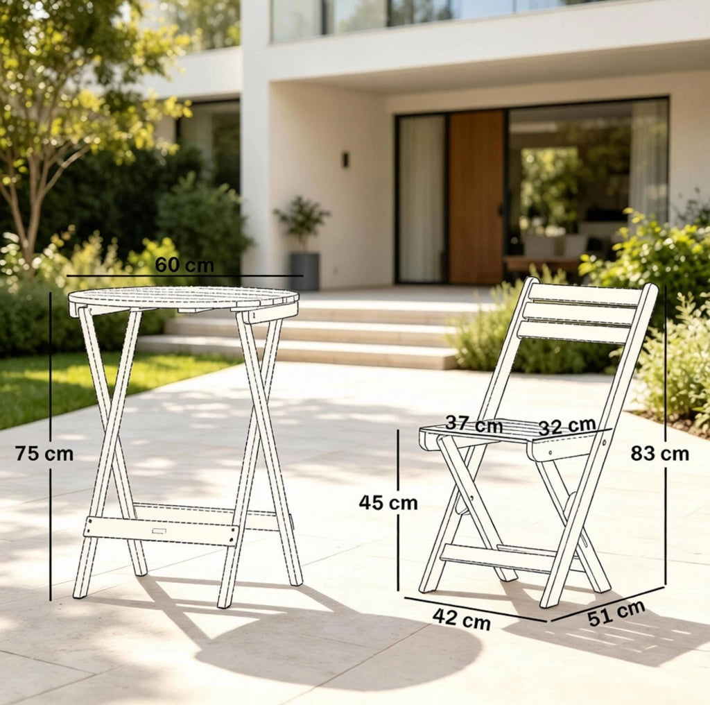 Set bistrot pieghevole da esterno con tavolo Ø 60 cm e 2 sedie in legno di acacia naturale