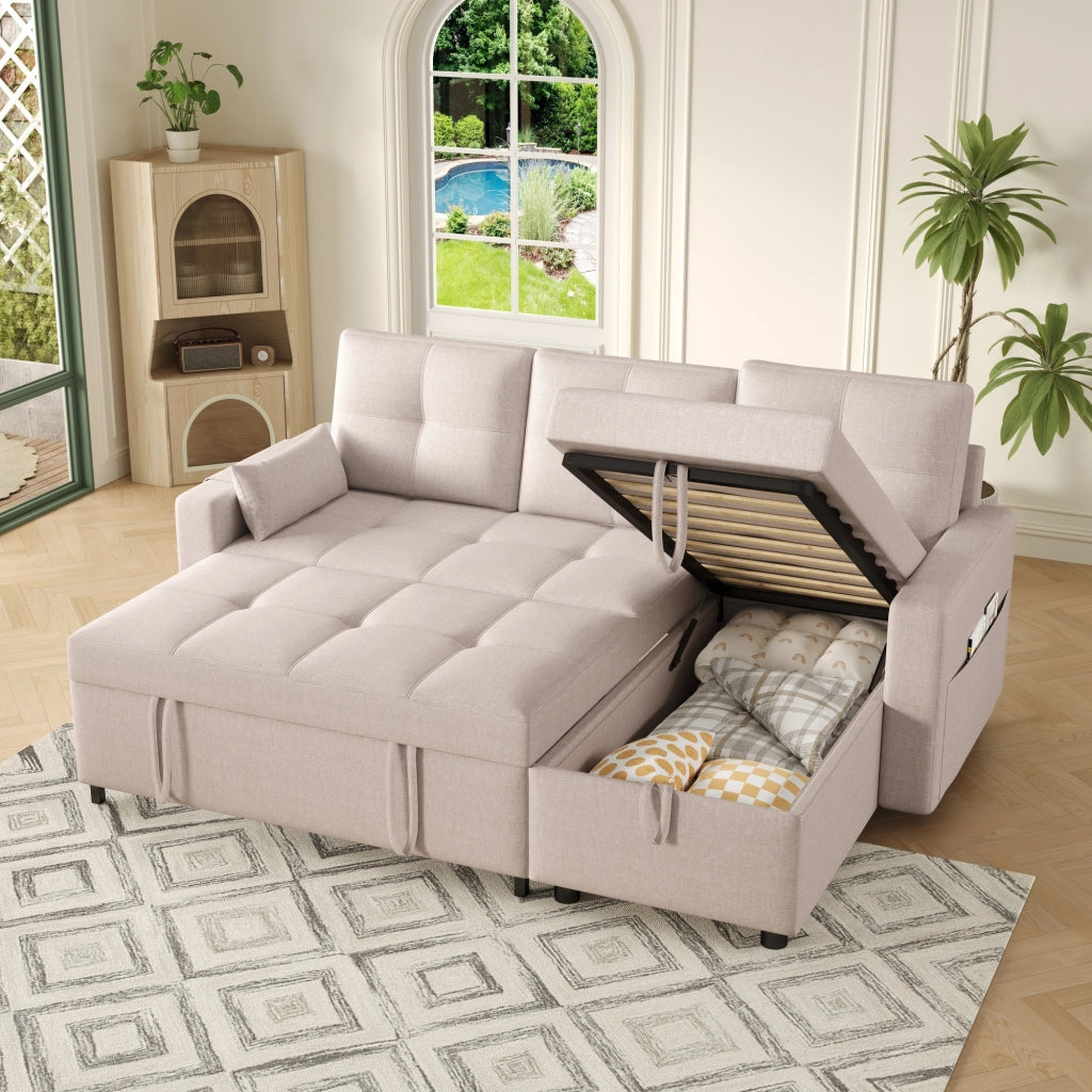 DIVANO LETTO angolare modulare estraibile 211x136x87 cm lino beige
