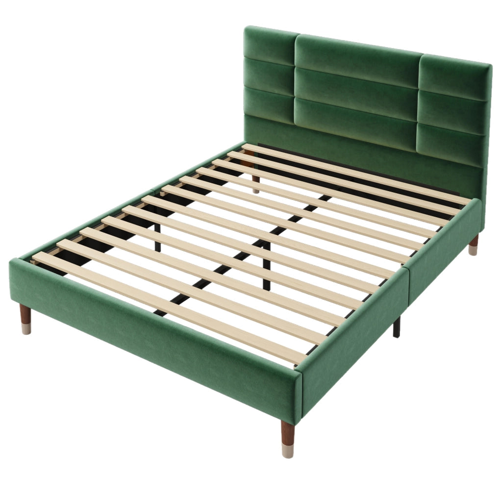 Letto matrimoniale imbottito 140x200 cm in velluto verde con rete a doghe e contenitore sottoletto
