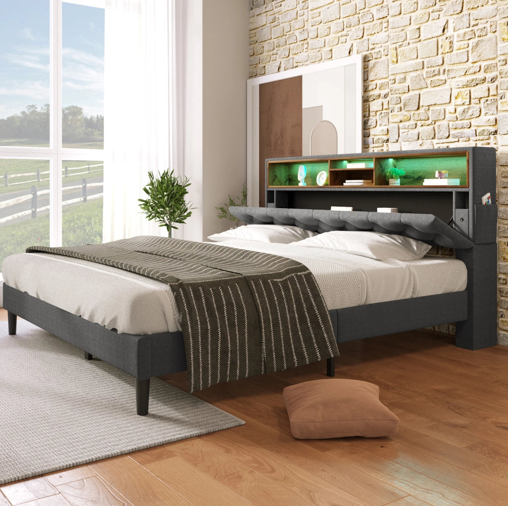 Letto matrimoniale imbottito con testiera contenitore e illuminazione LED, grigio