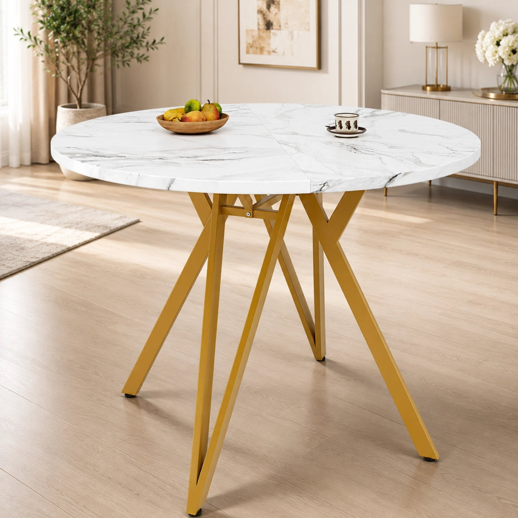 Tavolo da pranzo rotondo 100x100x76 cm con piano effetto marmo; piedini regolabili; MDF; oro