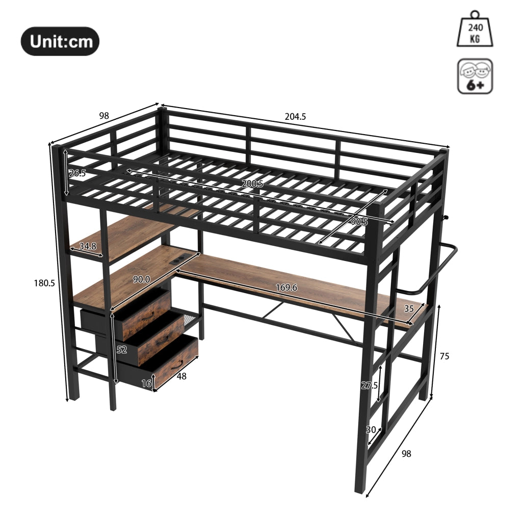 Letto a Soppalco con LED; Scrivania; 3 Cassetti e Ripiani; 90 x 200 cm; senza Materasso; Nero