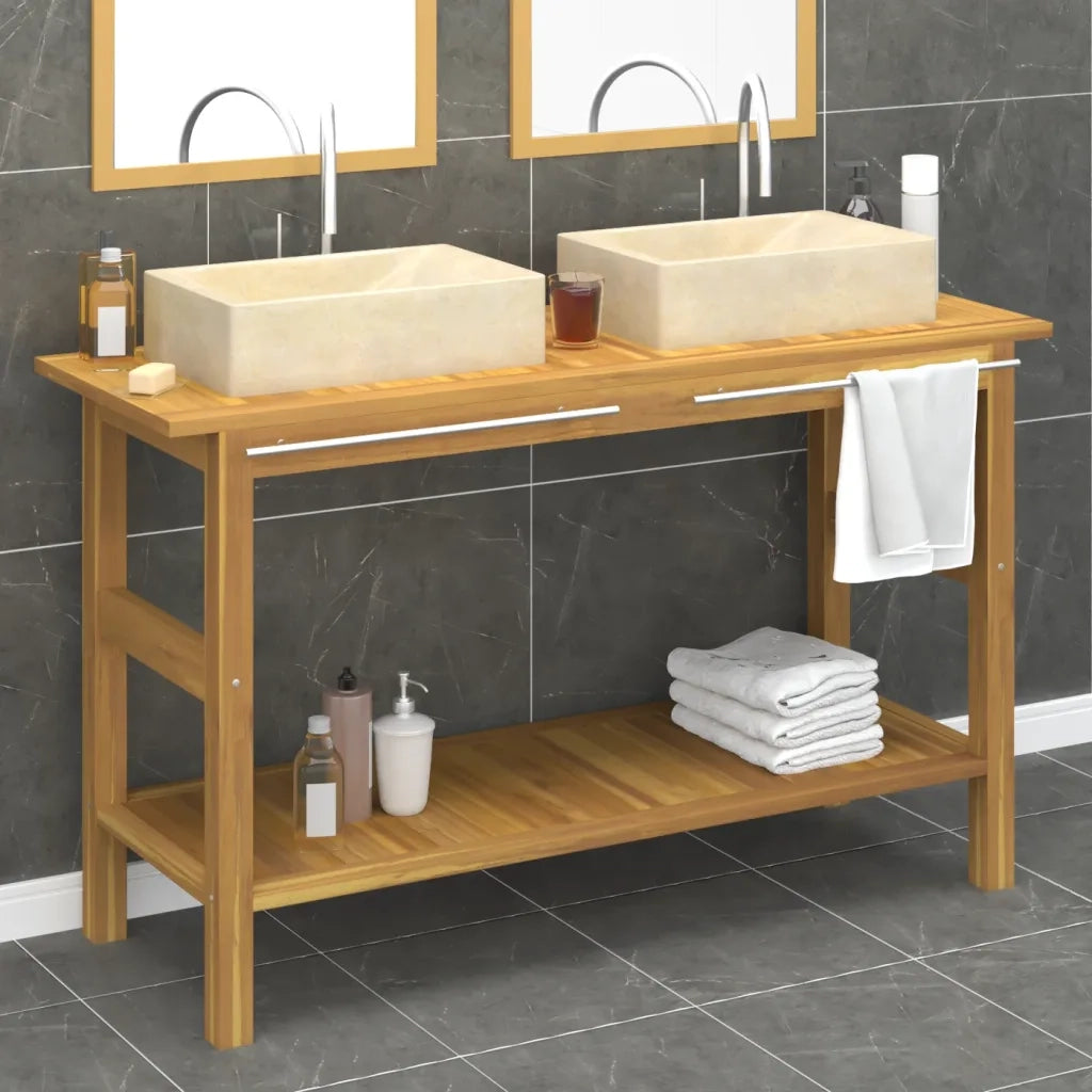 Mobile VanitÃ  Bagno e Lavandini Marmo Crema Legno Massello Teak cod mxl 64675